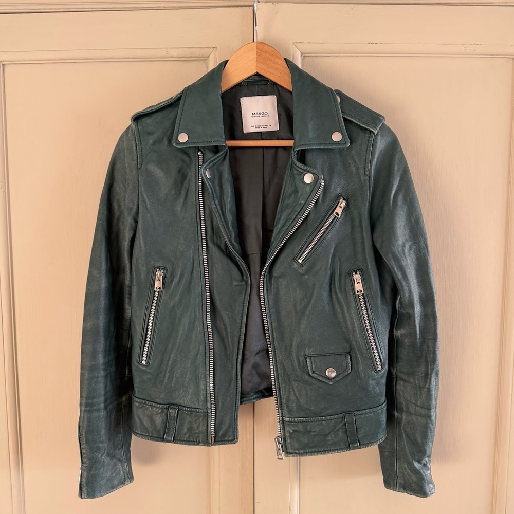 Mango Green Distressed Leather Moto Biker Jacket XS